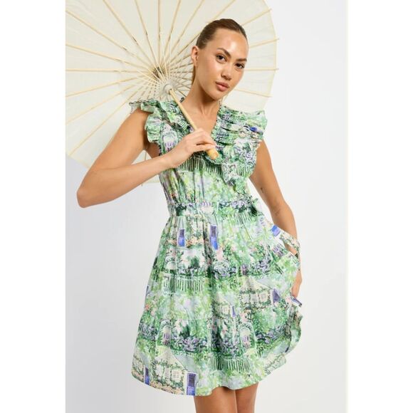 EN SAISON Molly Tiered Mini Dress Green Violet Brunch Summer NWT - Picture 1 of 6